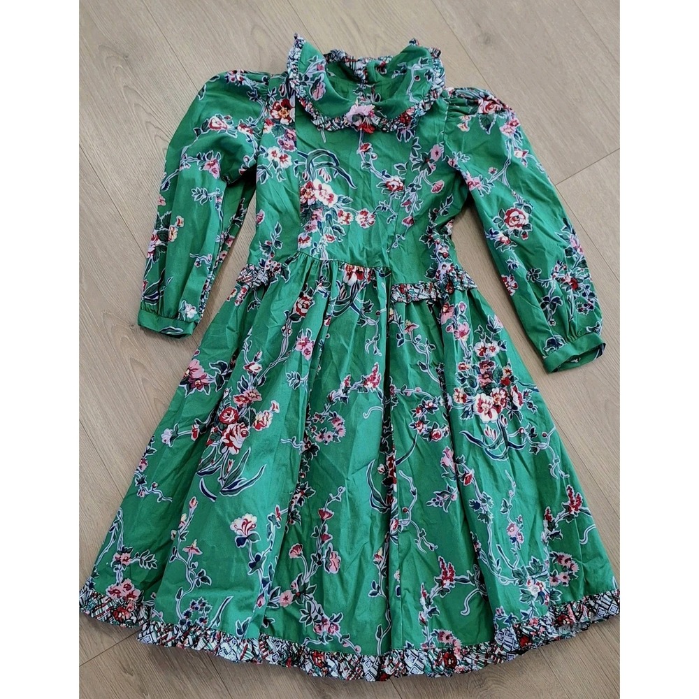 Vintage Mousefeathers Girls Floral Rose  Green Dress Ruffle Cottagecore EUC Sz 7